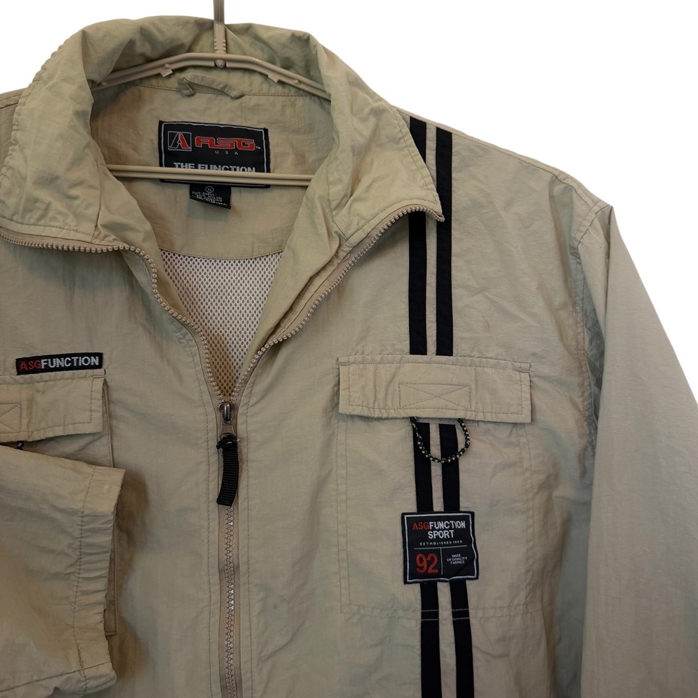 ASG Athletic USA Function VTG 90s XL Tan Nylon Windbreaker Jacket Stripe READ - Picture 9 of 16